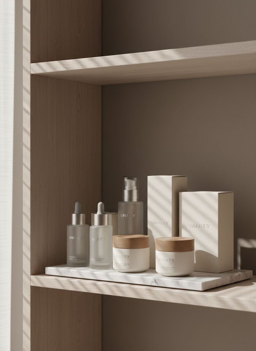 A collection of high-end skincare products in minimalist neutral packaging—frosted glass bottles, matte ceramic jars, and textured cardboard boxes—artfully arranged atop a precise slab of polished marble. The setting is an open shelving unit of bleached wood, complemented by a background of taupe matte wall. Soft, diffused daylight filters through sheer blinds, casting elegant, elongated shadows. The mood is serene yet professional, emphasizing product quality and aesthetic harmony. Photographed with a shallow depth of field and rule of thirds composition, the image offers a distinctive, photographic realism that underlines the luxury and attention to detail at the core of the Vanity business.