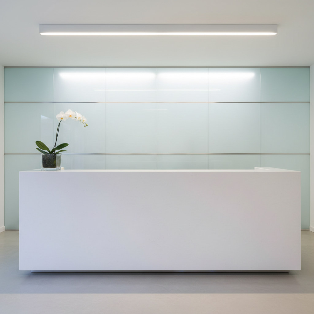 An immaculate reception desk crafted from matte white stone, featuring crisp corners and a subtle gloss, positioned against a backdrop of frosted glass panels with integrated horizontal metallic accents. The desk is free from clutter except for a squared glass vase containing a singular white orchid stem. Overhead, soft indirect LED lighting bathes the scene in a cool, even glow, creating refined highlights and diffusing gentle shadows. Captured from a wide-angle, front-facing perspective, the image offers a sense of openness, balance, and professionalism. The composition follows modern, minimalist principles, ideal for introducing a sophisticated centro estetica environment.